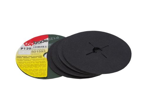 papier brúsny, výsek vulkanfíbr, SiC, krížový výrez, zr. 120, O 150 mm, sada 10 ks