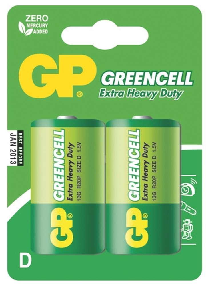 Batérie GP Greencell, zinkovo - chloridová, R20, veľké mono D, blister 2 ks, 1,5 V