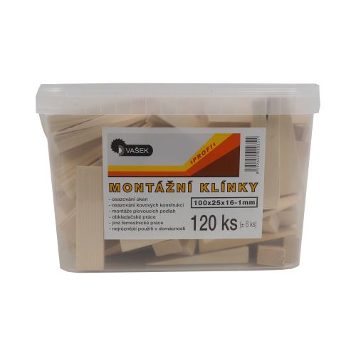 klinky drevené, montážne, v kýbliku, balenie 120 ks, 100 x 25 x 16 - 1 mm - BAZAR -