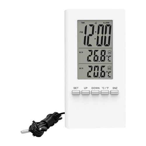 teplomer, teplota, veľký displej, dátum, čas, drôtový snímač, biely